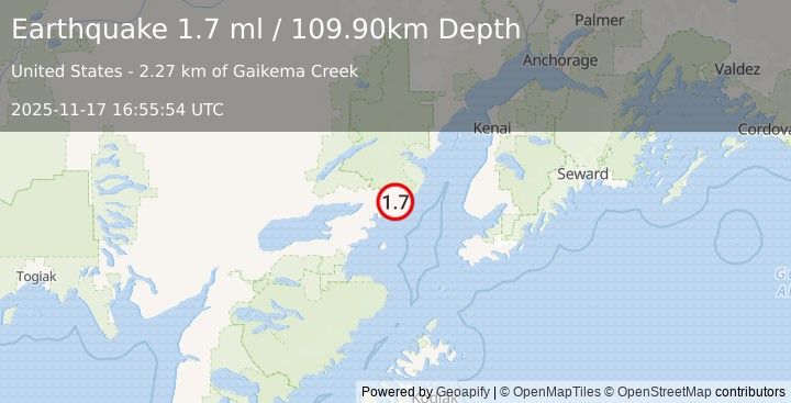 Earthquake 51 km E of Pedro Bay, Alaska (1.7 ml) (2025-11-17 16:55:54 UTC)