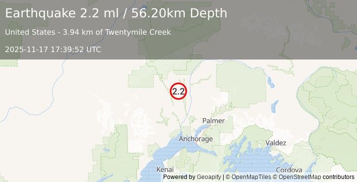 Earthquake 23 km WSW of Trapper Creek, Alaska (2.2 ml) (2025-11-17 17:39:53 UTC)