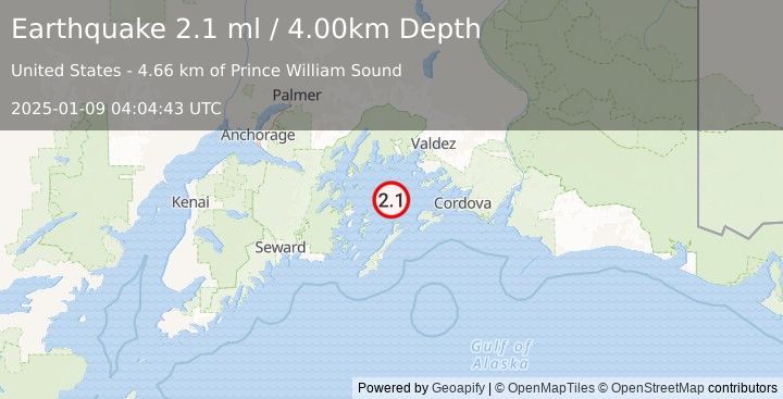 Earthquake 42 km SW of Tatitlek, Alaska (2.1 ml) (2025-01-09 04:04:43 UTC)