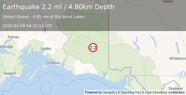 Earthquake 42 km SE of McCarthy, Alaska (2.2 ml) (2025-01-09 04:25:13 UTC)