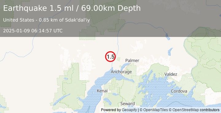 Earthquake 22 km NNW of Susitna, Alaska (1.5 ml) (2025-01-09 06:14:57 UTC)