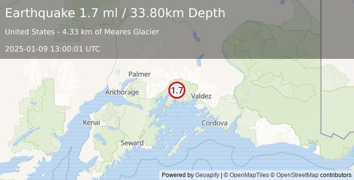 Earthquake 59 km NW of Tatitlek, Alaska (1.7 ml) (2025-01-09 13:00:01 UTC)