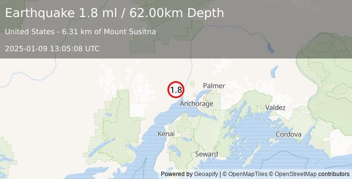 Earthquake 16 km W of Susitna, Alaska (1.8 ml) (2025-01-09 13:05:08 UTC)