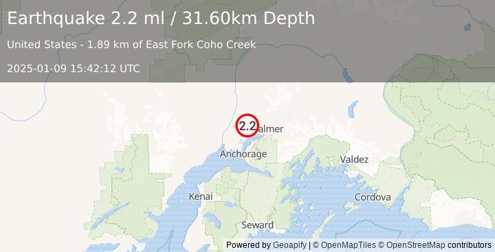 Earthquake 3 km ENE of Houston, Alaska (2.2 ml) (2025-01-09 15:42:12 UTC)