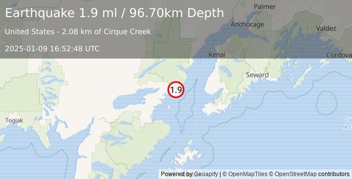 Earthquake 56 km E of Pedro Bay, Alaska (1.9 ml) (2025-01-09 16:52:48 UTC)