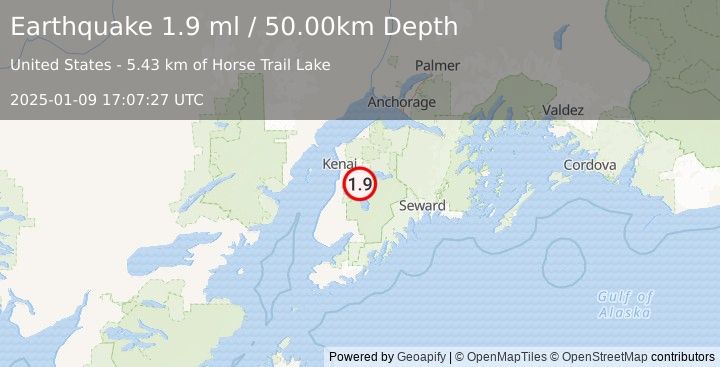 Earthquake 18 km S of Funny River, Alaska (1.9 ml) (2025-01-09 17:07:27 UTC)