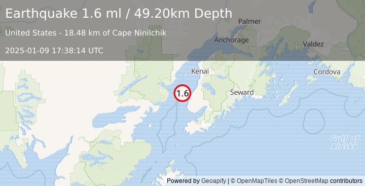 Earthquake 19 km W of Ninilchik, Alaska (1.6 ml) (2025-01-09 17:38:14 UTC)