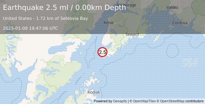 Earthquake 3 km SSW of Seldovia, Alaska (2.5 ml) (2025-01-09 19:47:06 UTC)