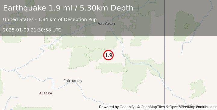 Earthquake 14 km WNW of Central, Alaska (1.9 ml) (2025-01-09 21:30:58 UTC)