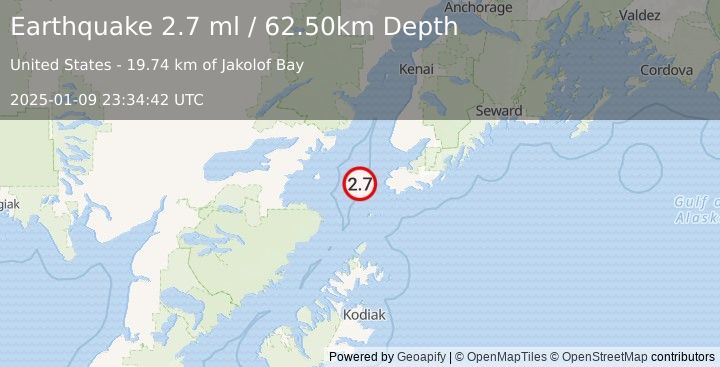 Earthquake 33 km WSW of Nanwalek, Alaska (2.7 ml) (2025-01-09 23:34:42 UTC)