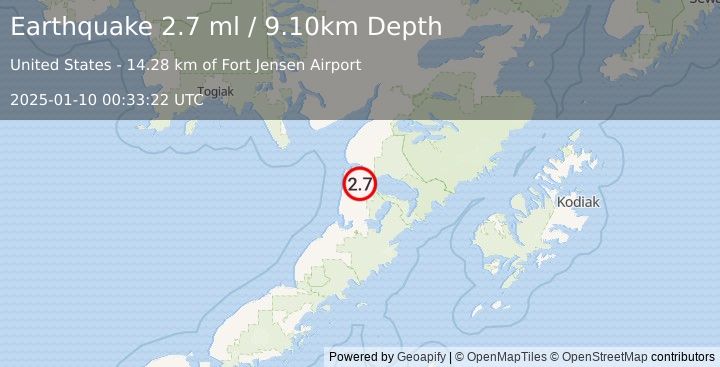 Earthquake 26 km SSE of Egegik, Alaska (2.7 ml) (2025-01-10 00:33:22 UTC)