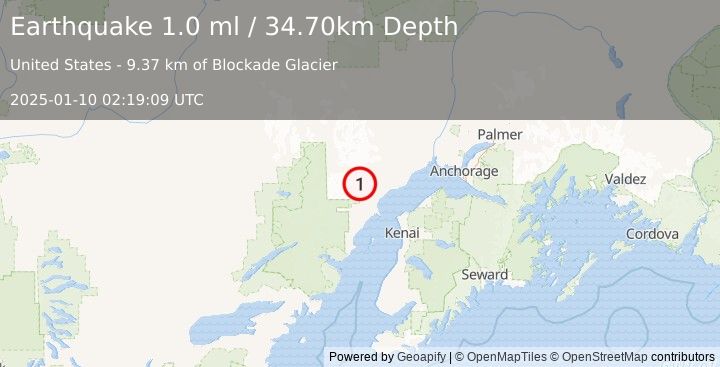 Earthquake 56 km W of Tyonek, Alaska (1.0 ml) (2025-01-10 02:19:09 UTC)