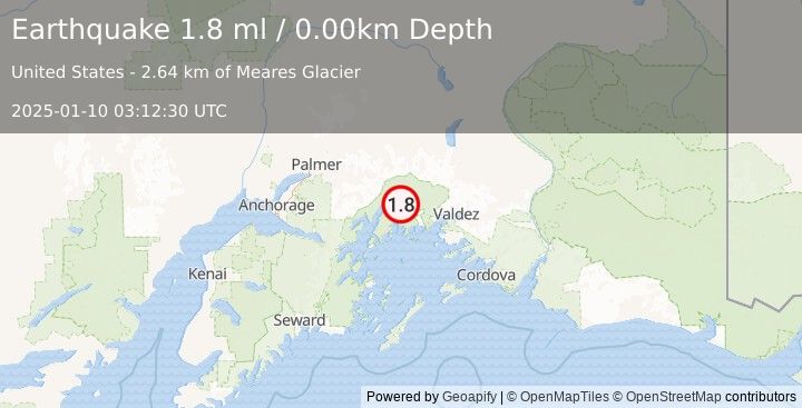 Earthquake 57 km NW of Tatitlek, Alaska (1.8 ml) (2025-01-10 03:12:30 UTC)