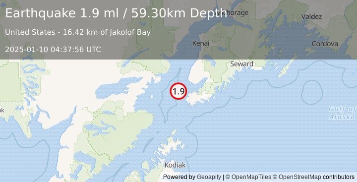 Earthquake 23 km NW of Nanwalek, Alaska (1.9 ml) (2025-01-10 04:37:56 UTC)