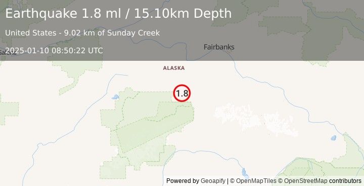 Earthquake 11 km WSW of Ferry, Alaska (1.8 ml) (2025-01-10 08:50:22 UTC)