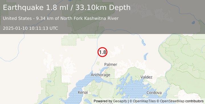 Earthquake 13 km SSE of Susitna North, Alaska (1.8 ml) (2025-01-10 10:11:13 UTC)