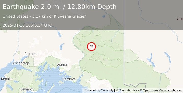 Earthquake 53 km NE of Chitina, Alaska (2.0 ml) (2025-01-10 10:45:54 UTC)