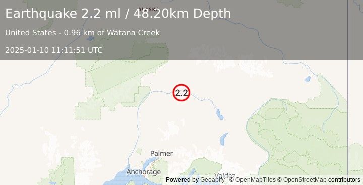 Earthquake 71 km SSE of Cantwell, Alaska (2.2 ml) (2025-01-10 11:11:51 UTC)