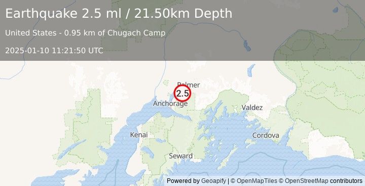 Earthquake 15 km SE of Knik-Fairview, Alaska (2.5 ml) (2025-01-10 11:21:50 UTC)