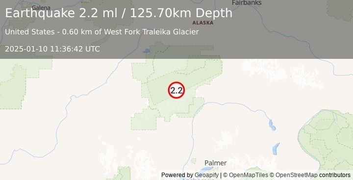 Earthquake 64 km SE of Denali National Park, Alaska (2.2 ml) (2025-01-10 11:36:42 UTC)