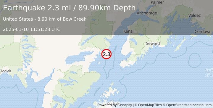 Earthquake 59 km W of Anchor Point, Alaska (2.3 ml) (2025-01-10 11:51:28 UTC)