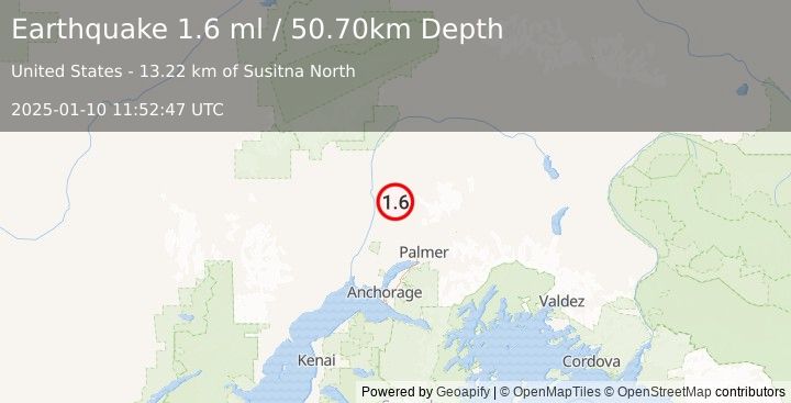 Earthquake 13 km SE of Susitna North, Alaska (1.6 ml) (2025-01-10 11:52:47 UTC)