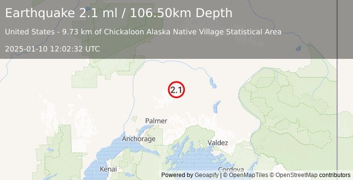 Earthquake 51 km NNE of Chickaloon, Alaska (2.1 ml) (2025-01-10 12:02:32 UTC)