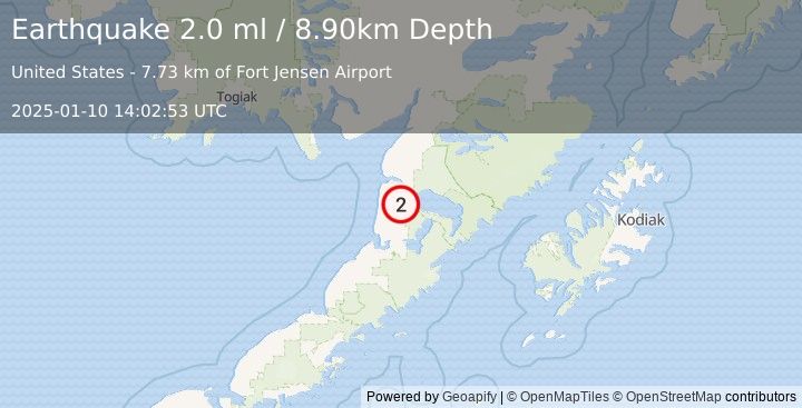 Earthquake 32 km SSE of Egegik, Alaska (2.0 ml) (2025-01-10 14:02:53 UTC)