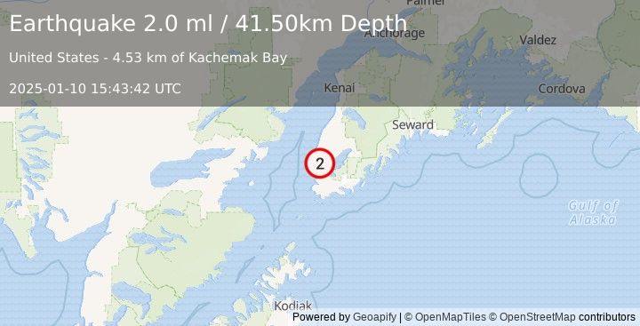 Earthquake 10 km WSW of Homer, Alaska (2.0 ml) (2025-01-10 15:43:42 UTC)