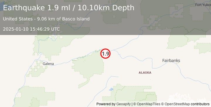 Earthquake 29 km WSW of Tanana, Alaska (1.9 ml) (2025-01-10 15:46:29 UTC)