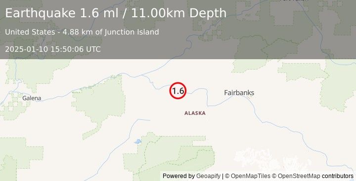 Earthquake 17 km SE of Manley Hot Springs, Alaska (1.6 ml) (2025-01-10 15:50:06 UTC)