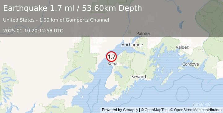 Earthquake 13 km NNW of Nikiski, Alaska (1.7 ml) (2025-01-10 20:12:58 UTC)