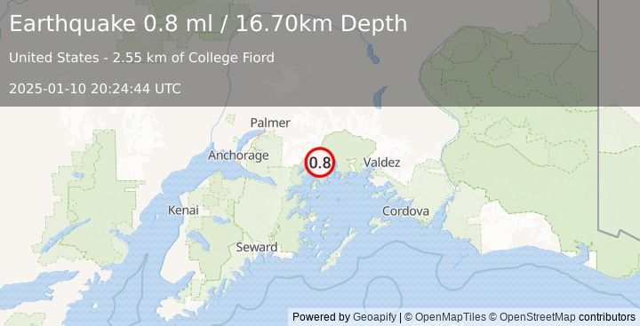 Earthquake 58 km NE of Whittier, Alaska (0.8 ml) (2025-01-10 20:24:44 UTC)