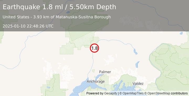 Earthquake 11 km NNE of Chase, Alaska (1.8 ml) (2025-01-10 22:48:26 UTC)