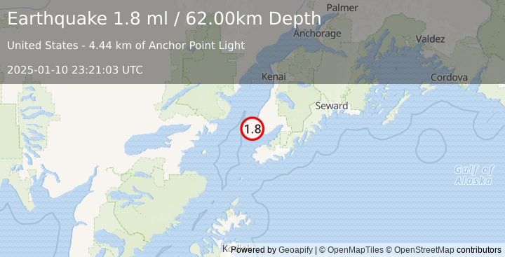 Earthquake 6 km SW of Anchor Point, Alaska (1.8 ml) (2025-01-10 23:21:03 UTC)