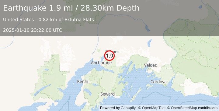 Earthquake 12 km SSW of Gateway, Alaska (1.9 ml) (2025-01-10 23:22:00 UTC)