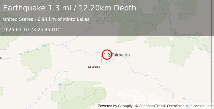 Earthquake 32 km NE of Four Mile Road, Alaska (1.3 ml) (2025-01-10 23:25:45 UTC)