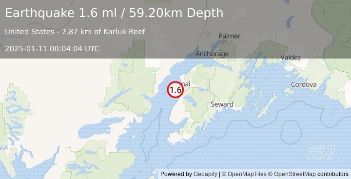 Earthquake 13 km W of Kalifornsky, Alaska (1.6 ml) (2025-01-11 00:04:04 UTC)