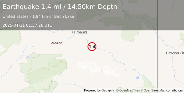 Earthquake 8 km SSW of Harding-Birch Lakes, Alaska (1.4 ml) (2025-01-11 01:57:26 UTC)