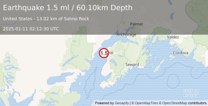 Earthquake 17 km WSW of Salamatof, Alaska (1.5 ml) (2025-01-11 02:12:30 UTC)