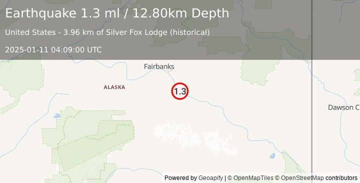 Earthquake 9 km W of Harding-Birch Lakes, Alaska (1.3 ml) (2025-01-11 04:09:00 UTC)