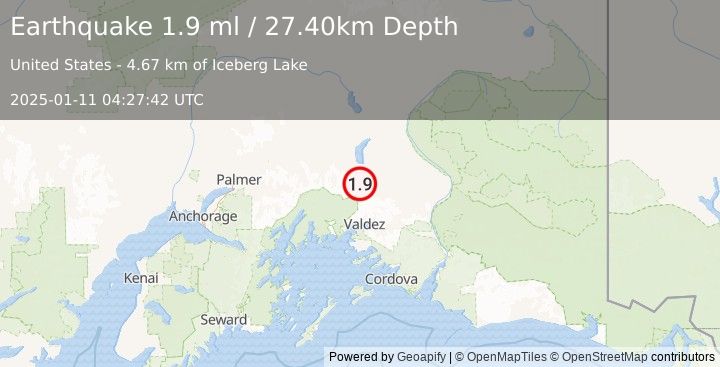 Earthquake 47 km N of Valdez, Alaska (1.9 ml) (2025-01-11 04:27:42 UTC)