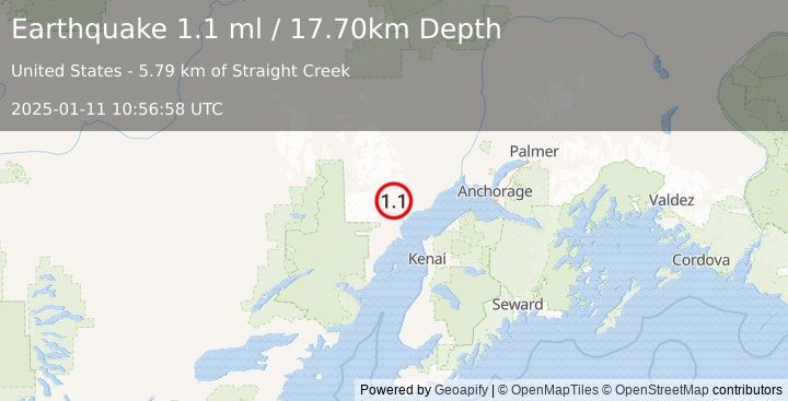 Earthquake 42 km W of Tyonek, Alaska (1.1 ml) (2025-01-11 10:56:58 UTC)