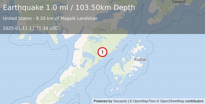 Earthquake 77 km NW of Karluk, Alaska (1.0 ml) (2025-01-11 17:39:34 UTC)