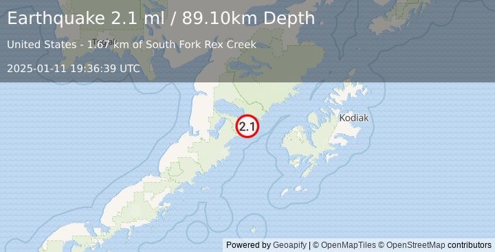 Earthquake 81 km W of Karluk, Alaska (2.1 ml) (2025-01-11 19:36:39 UTC)