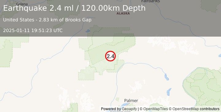 Earthquake 66 km N of Petersville, Alaska (2.4 ml) (2025-01-11 19:51:23 UTC)