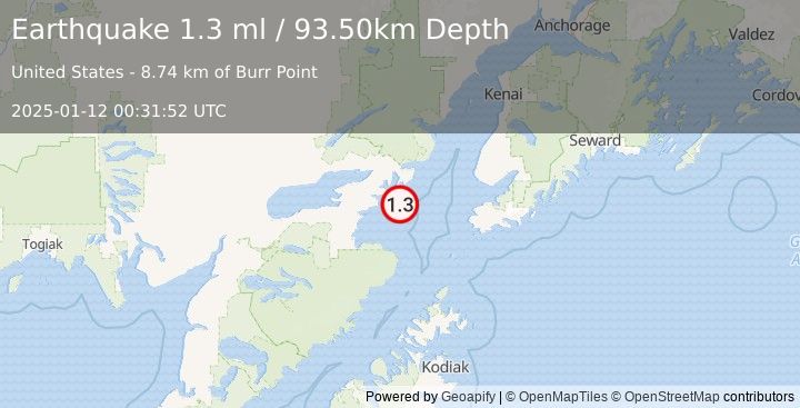 Earthquake 58 km SE of Pedro Bay, Alaska (1.3 ml) (2025-01-12 00:31:52 UTC)