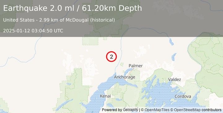 Earthquake 31 km ESE of Skwentna, Alaska (2.0 ml) (2025-01-12 03:04:50 UTC)