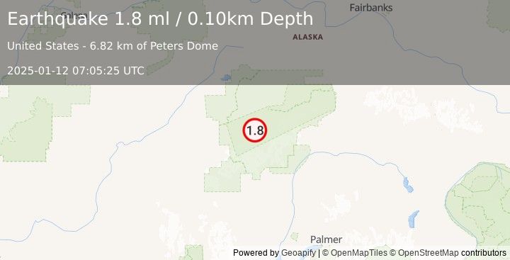 Earthquake 46 km SSE of Denali National Park, Alaska (1.8 ml) (2025-01-12 07:05:25 UTC)