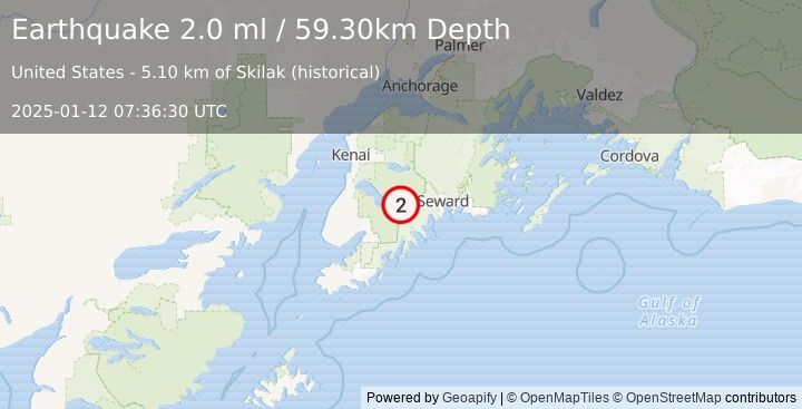 Earthquake 44 km ENE of Fox River, Alaska (2.0 ml) (2025-01-12 07:36:30 UTC)